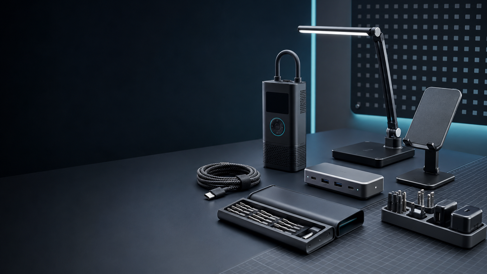 Curated practical tech accessories arranged on a modern slate workbench